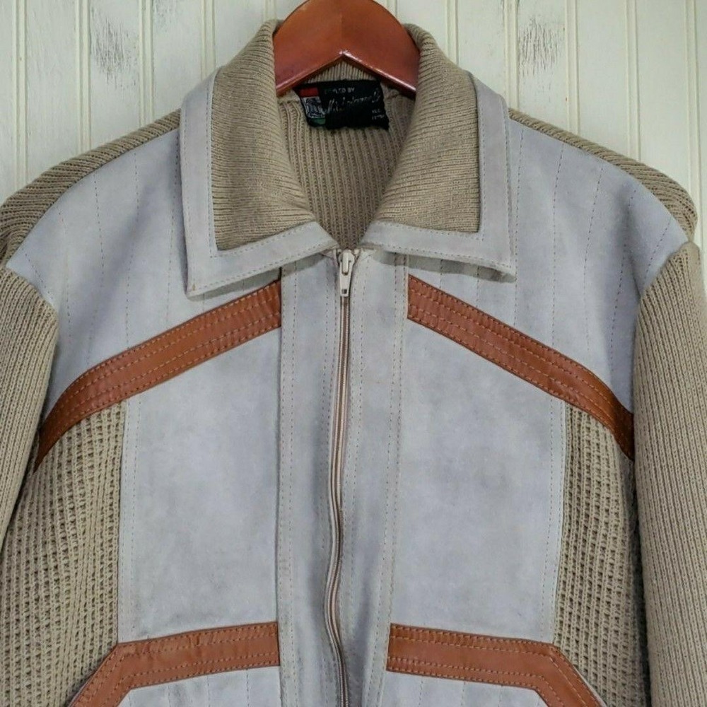 Vintage Michelangelo Jacket Mens XL Beige Leather Knit Bomber Geometric Full Zip